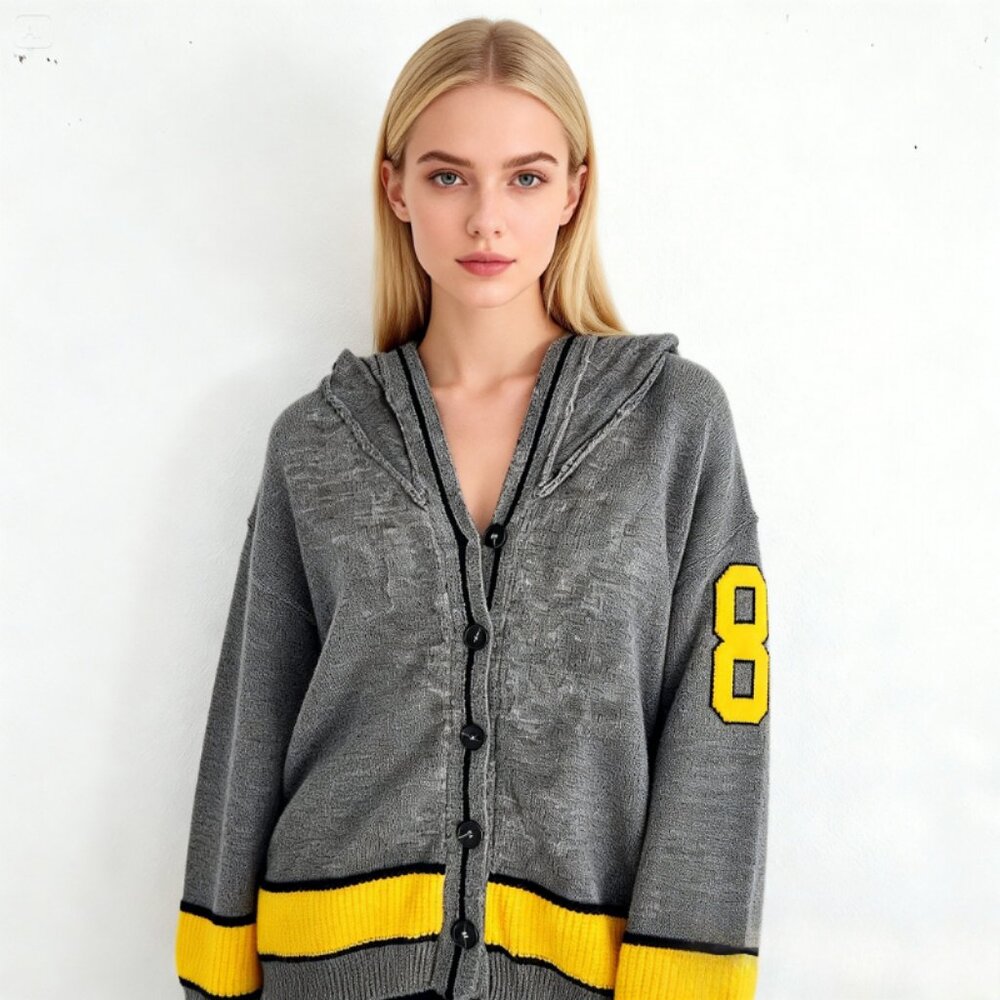 Christian Dior Dark Gray Knit Navy Collar Cardigan with Yellow